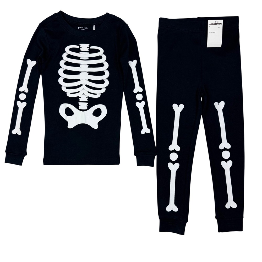NEW Petit Lem Pajama Set Organic Cotton Skeleton Glow Halloween Kid Size 5 Black